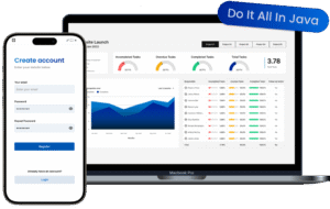 Darstellung einer WebForJ-Anwendung auf Laptop und Smartphone mit Benutzeroberfläche