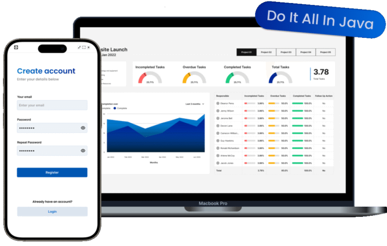 Darstellung einer WebForJ-Anwendung auf Laptop und Smartphone mit Benutzeroberfläche