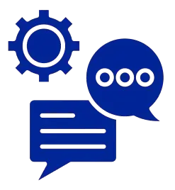 Symbol für Kundenservice mit Zahnrad und Sprechblasen.